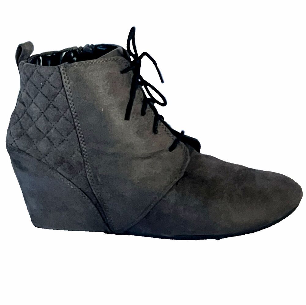 Quilted Ankle Boots Wedge Heel Faux Suede Fabric 9.5 Lace Gray Zip 6" Whimsigoth